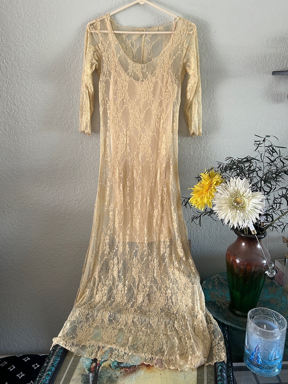 Vintage Lace Maxi Dress Champagne Yellow